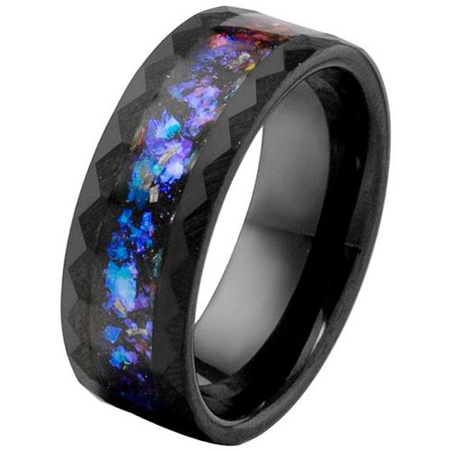 ***COI Black Tungsten Carbide Faceted Ring With Crushed Opal-00193DD