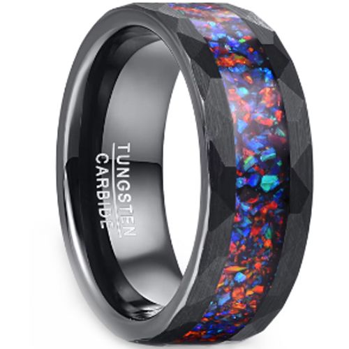 ***COI Black Tungsten Carbide Faceted Ring With Crushed Opal-00219DD