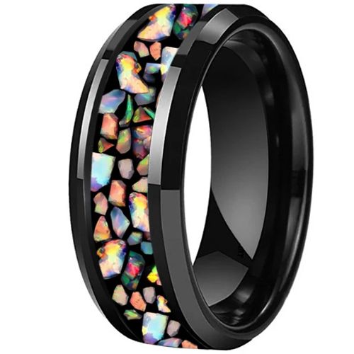 **COI Tungsten Carbide Black/Gold Tone/Rose/Silver Fire Opal Beveled Edges Ring-9832DD