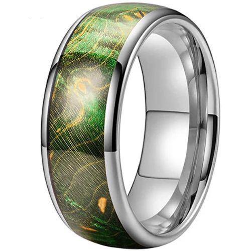 **COI Tungsten Carbide Rose/Gold Tone/Silver Green Wood Dome Court Ring-9835DD