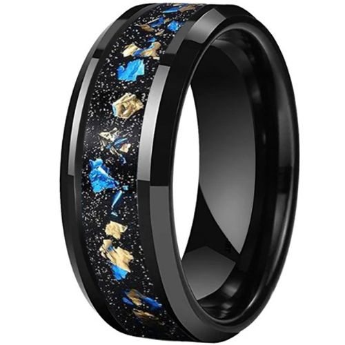 **COI Tungsten Carbide Black/Gold Tone/Rose/Silver Black Meteorite & Gold Foil Beveled Edges Ring-9836DD