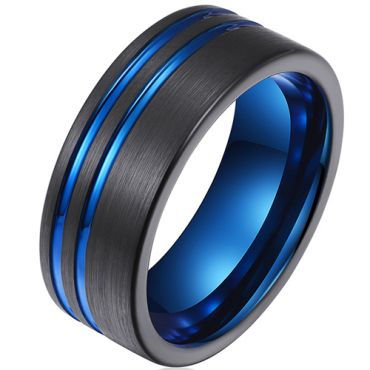 **COI Tungsten Carbide Black Blue Offset Double Grooves Pipe Cut Flat Ring-9707DD