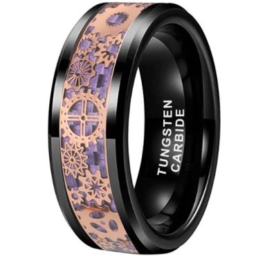 **COI Black Tungsten Carbide Rose Gears Beveled Edges Ring With Purple Carbon Fiber-9834DD