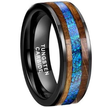 **COI Black Tungsten Carbide Crushed Opal & Wood Pipe Cut Flat Ring-9840DD