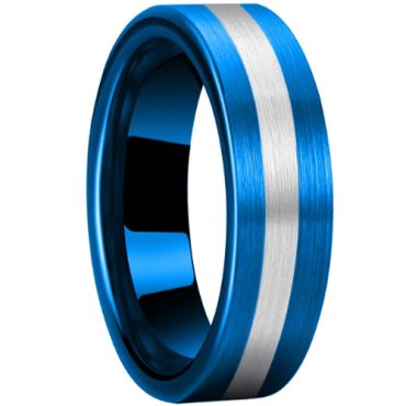 **COI Tungsten Carbide Blue Silver Center Line Pipe Cut Flat Ring-9852DD