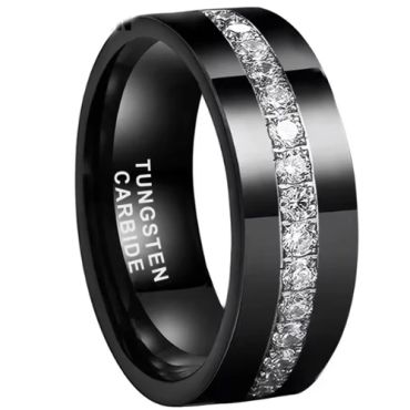 **COI Black Tungsten Carbide Pipe Cut Flat Ring With Cubic Zirconia-9861DD