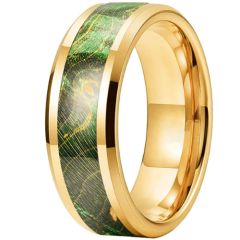 **COI Tungsten Carbide Black/Gold Tone/Silver/Rose/Blue Beveled Edges Ring With Green Wood-9851DD