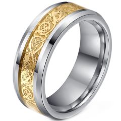 COI Tungsten Carbide Gold Tone Dragon Beveled Edges Ring-TG2128